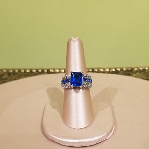 Silver Lab Created Blue Sapphire Princess Cut Ring With Rhinestones